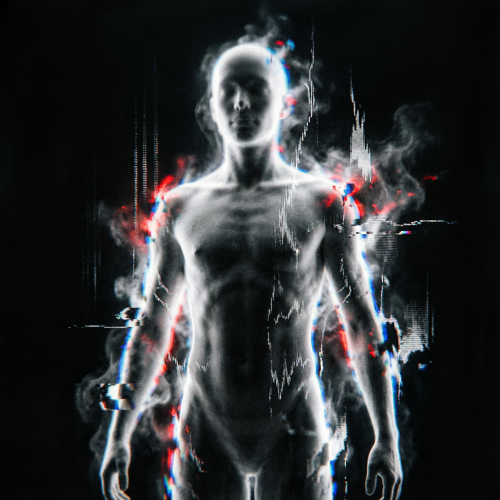 Glitch Threshold Phantom, a solo still image artwork by Astral Dream Machine. The layout is presented as a single full-frame image.