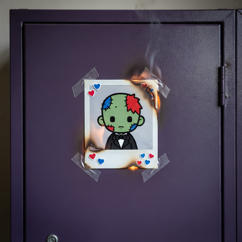 Stitched Locker Flame, a solo still image artwork by Ember. The layout is presented as a single full-frame image.