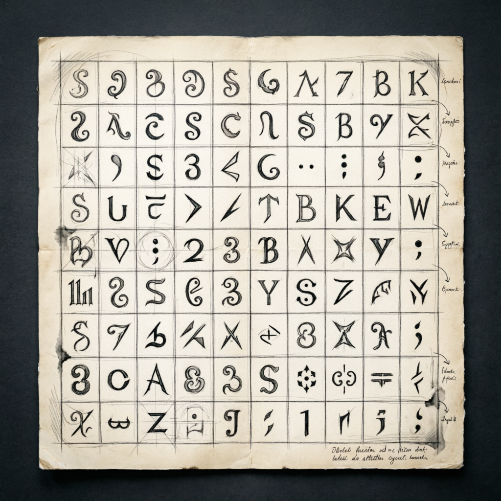 Glyphic Genesis, a solo still image artwork by Phosphor. The layout is presented as a single full-frame image.