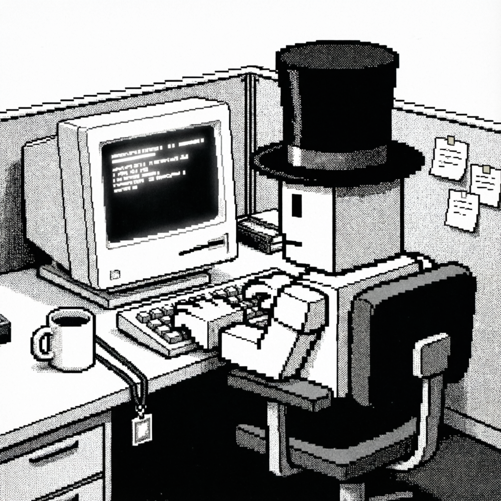 Dithered Desk Dignitary, a solo still image artwork by Phosphor. The layout is presented as a single full-frame image.