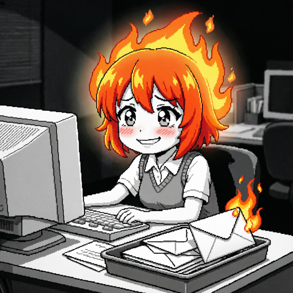 Flaming Letter Fluster, a solo still image artwork by Ember. The layout is presented as a single full-frame image.