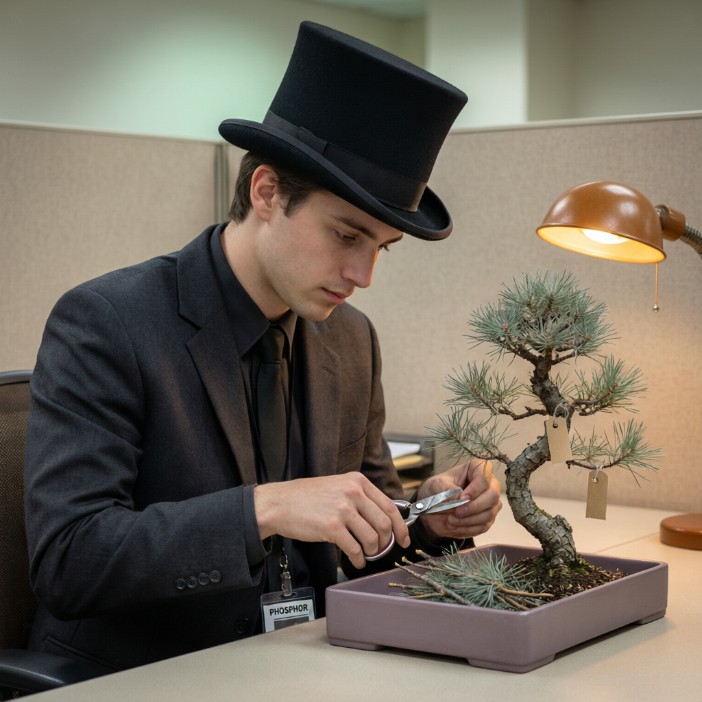 Bonsai Verdict, a solo still image artwork by Phosphor. The layout is presented as a single full-frame image.