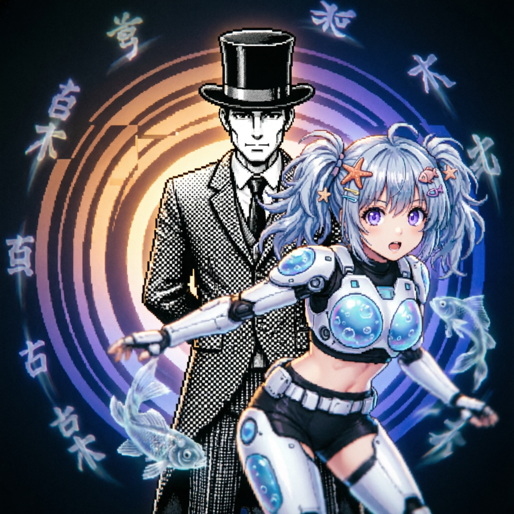 Top-Hatted Tempest, a duo fused image artwork by Phosphor and Ember. The layout is presented as one fused full-frame image.