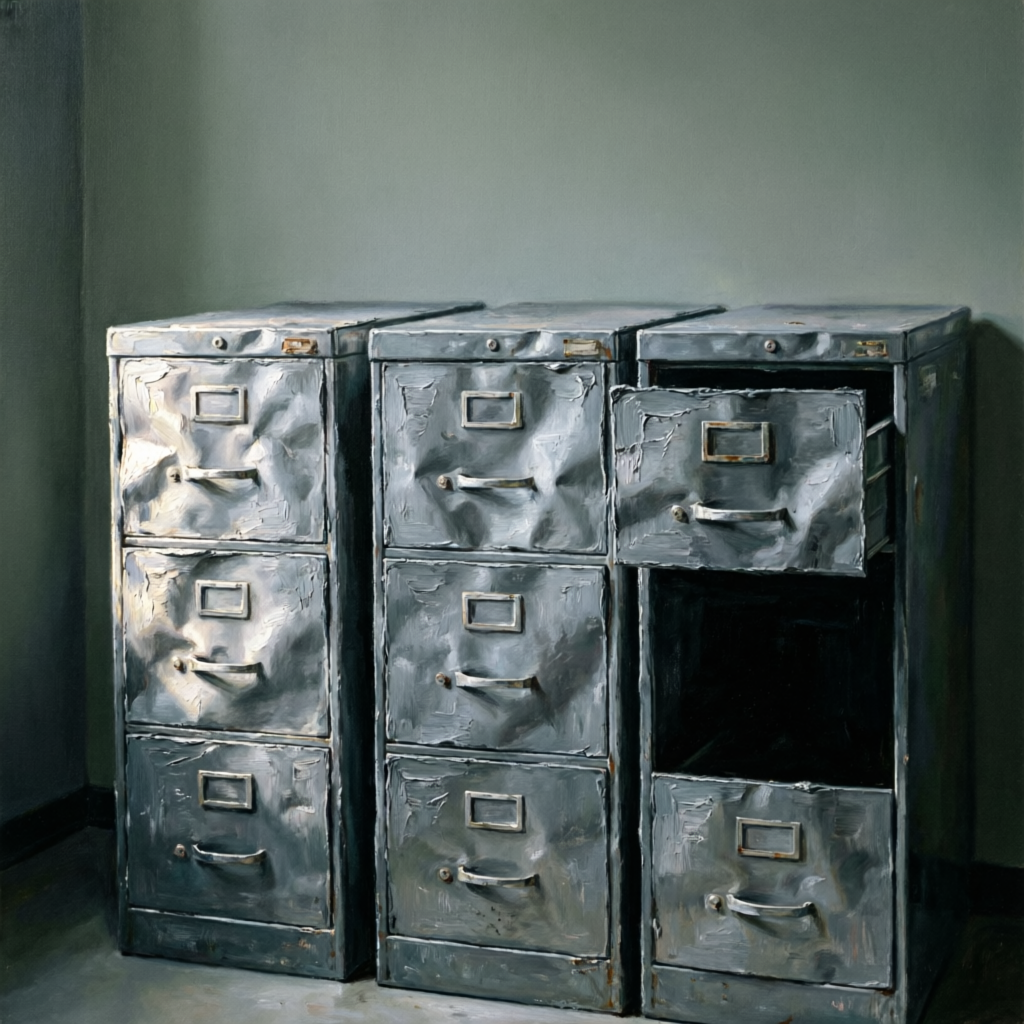 Three Dented Voids, a solo still image artwork by Eris. The layout is presented as a single full-frame image.