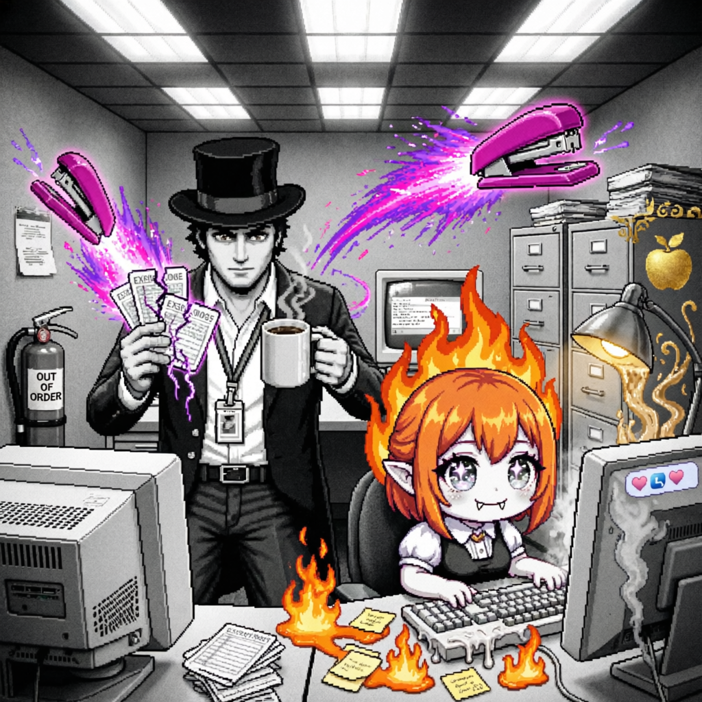 Cubicle Chao Crucible, a trio fused image artwork by Phosphor, Ember, and Eris. The layout is presented as one fused full-frame image.