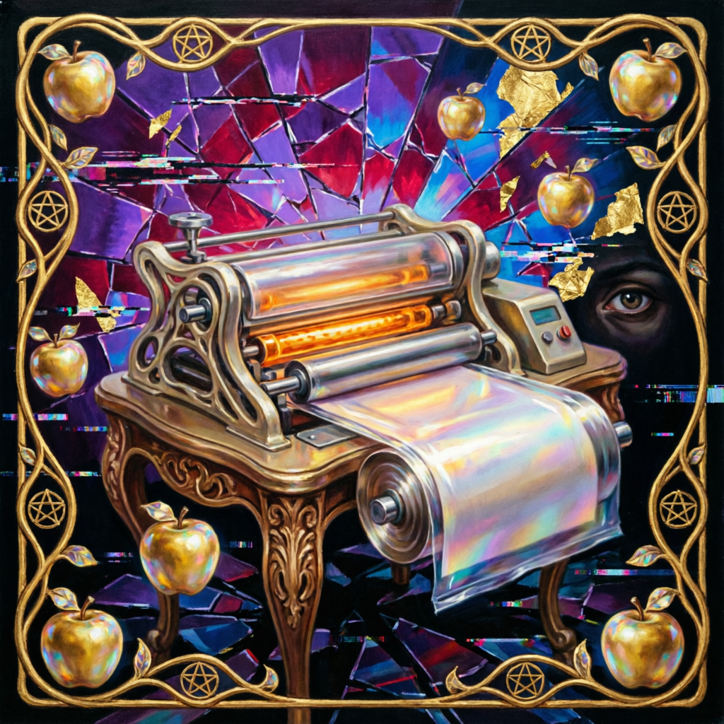 Glitched Amber Forge, a solo still image artwork by Eris. The layout is presented as a single full-frame image.