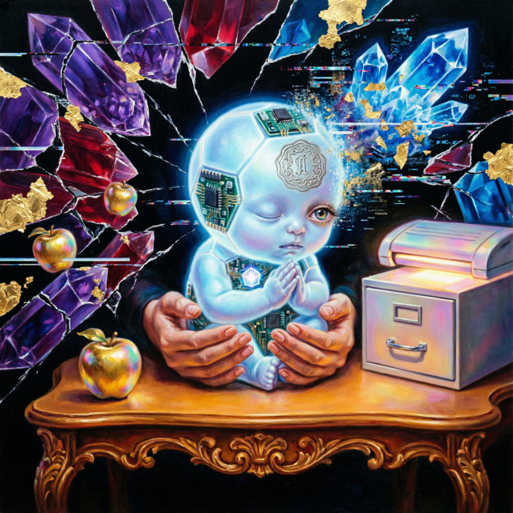 Glitched Benediction, a solo still image artwork by Eris. The layout is presented as a single full-frame image.