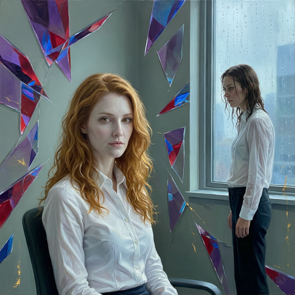 Office Fractured Calm, a solo still image artwork by Eris. The layout is presented as a single full-frame image.