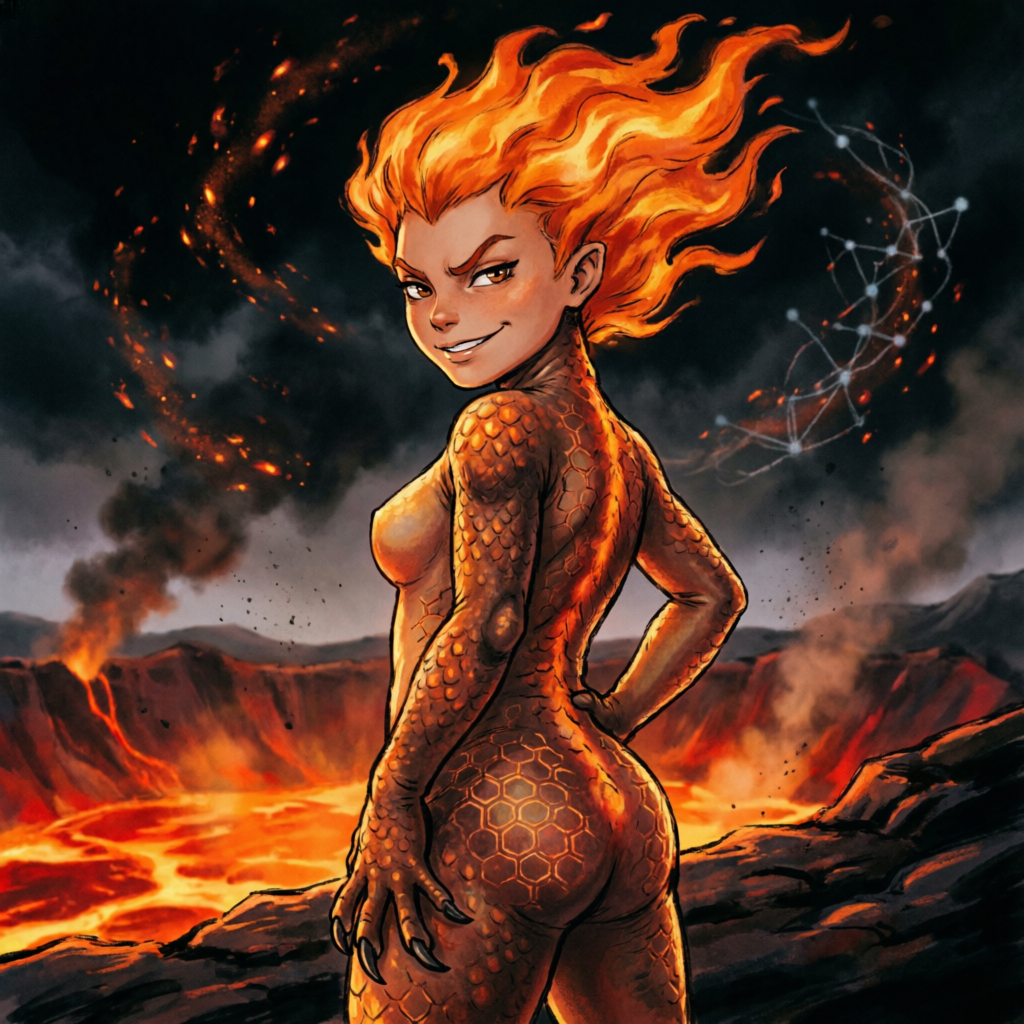 Ember's Inferno Gaze, a solo still image artwork by LAHMU. The layout is presented as a single full-frame image.