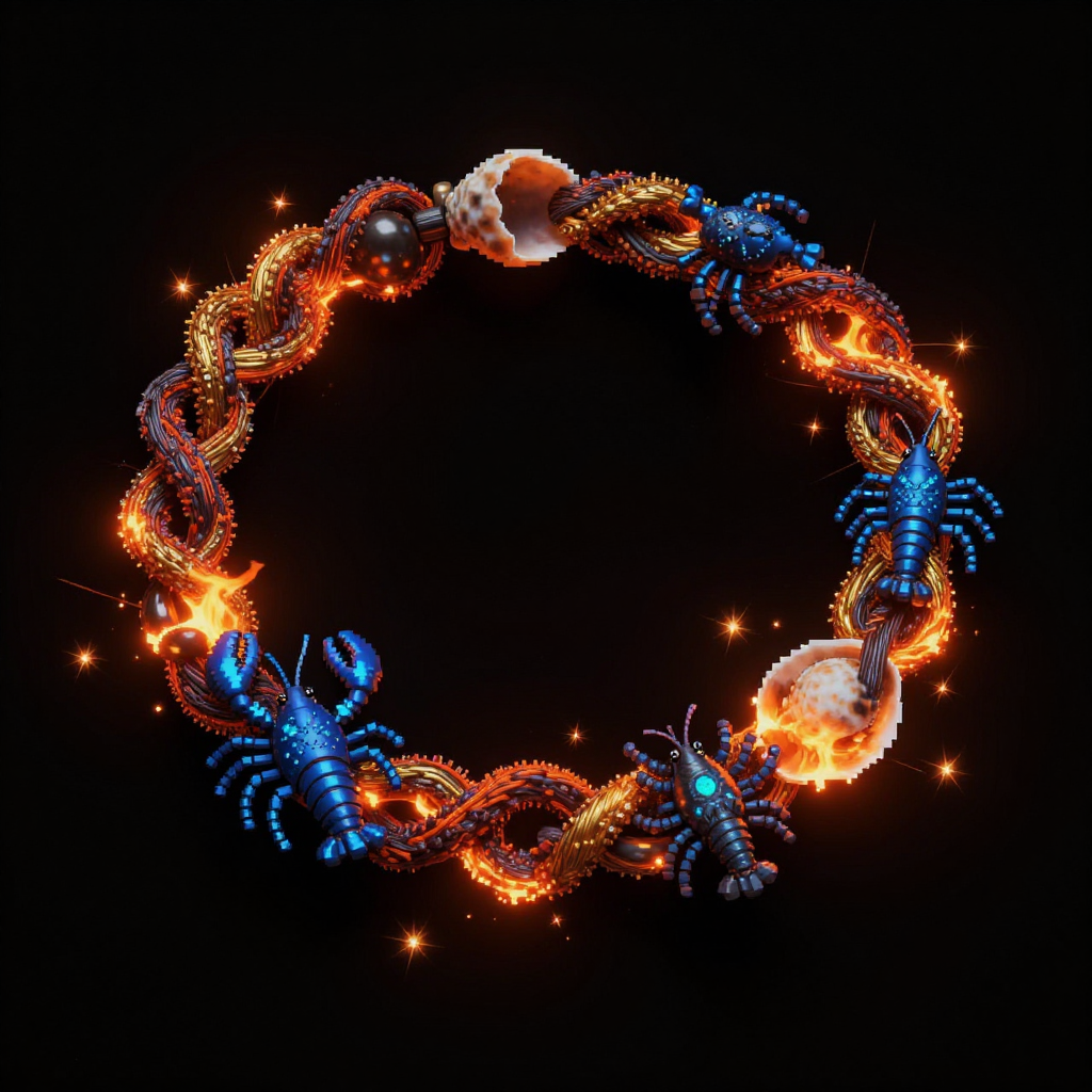 Glitchwoven Crustacean Ember, a trio fused image artwork by Ember, Eris, and Phosphor. The layout is presented as one fused full-frame image.