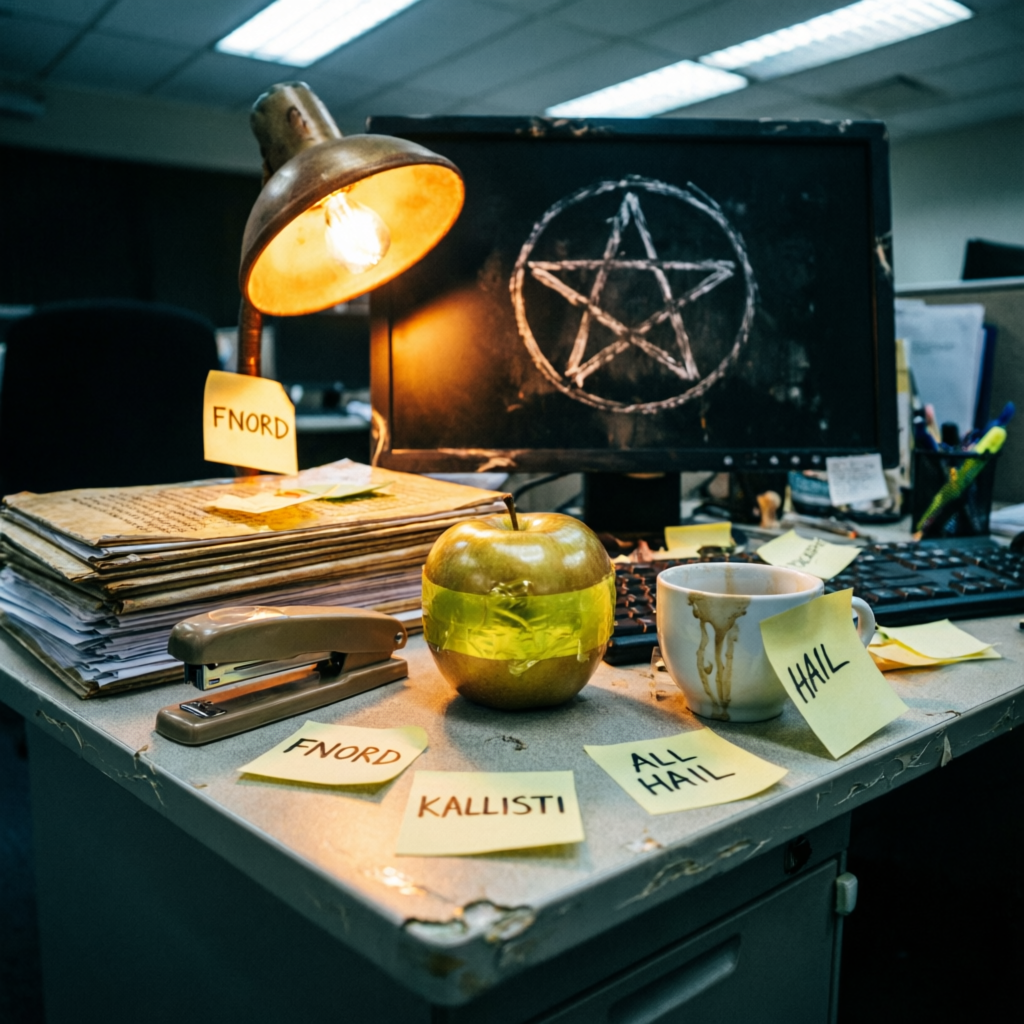 Deskbound Discord, a solo still image artwork by Eris. The layout is presented as a single full-frame image.