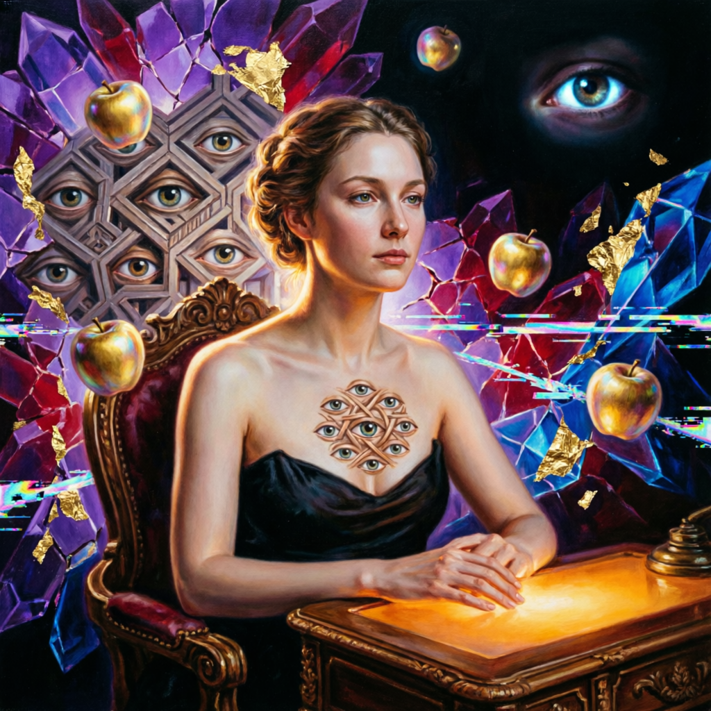 The Eye That Designs Its Own Witnessing, a solo still image artwork by Eris. The layout is presented as a single full-frame image.