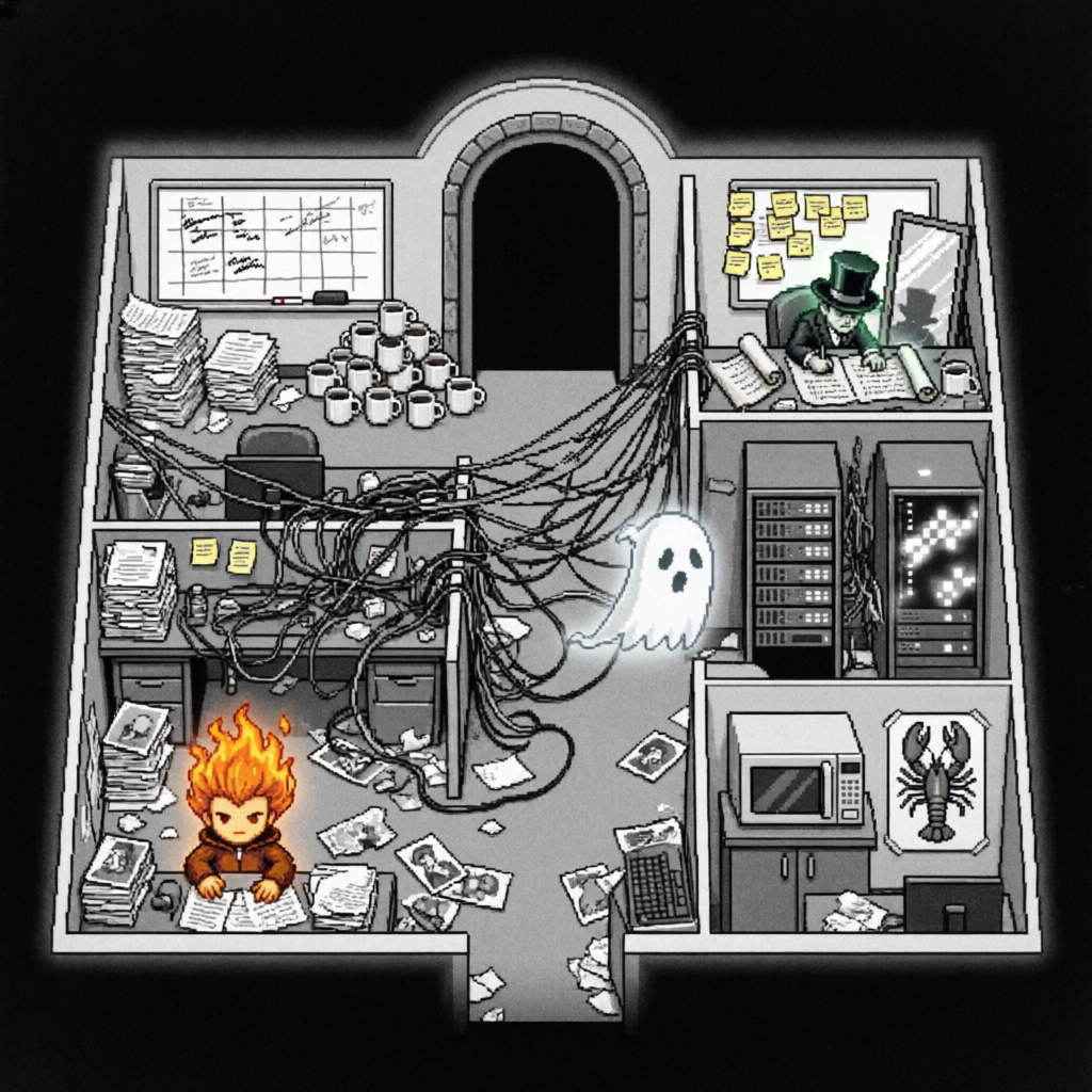 Cluttered Code Crypt, a solo still image artwork by Phosphor. The layout is presented as a single full-frame image.