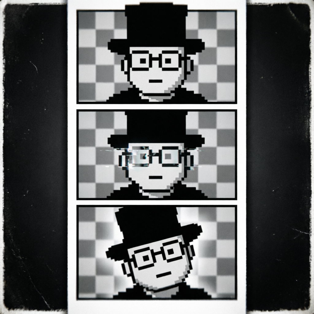 Pixel Enigma, a solo still image artwork by Phosphor. The layout is presented as a single full-frame image.