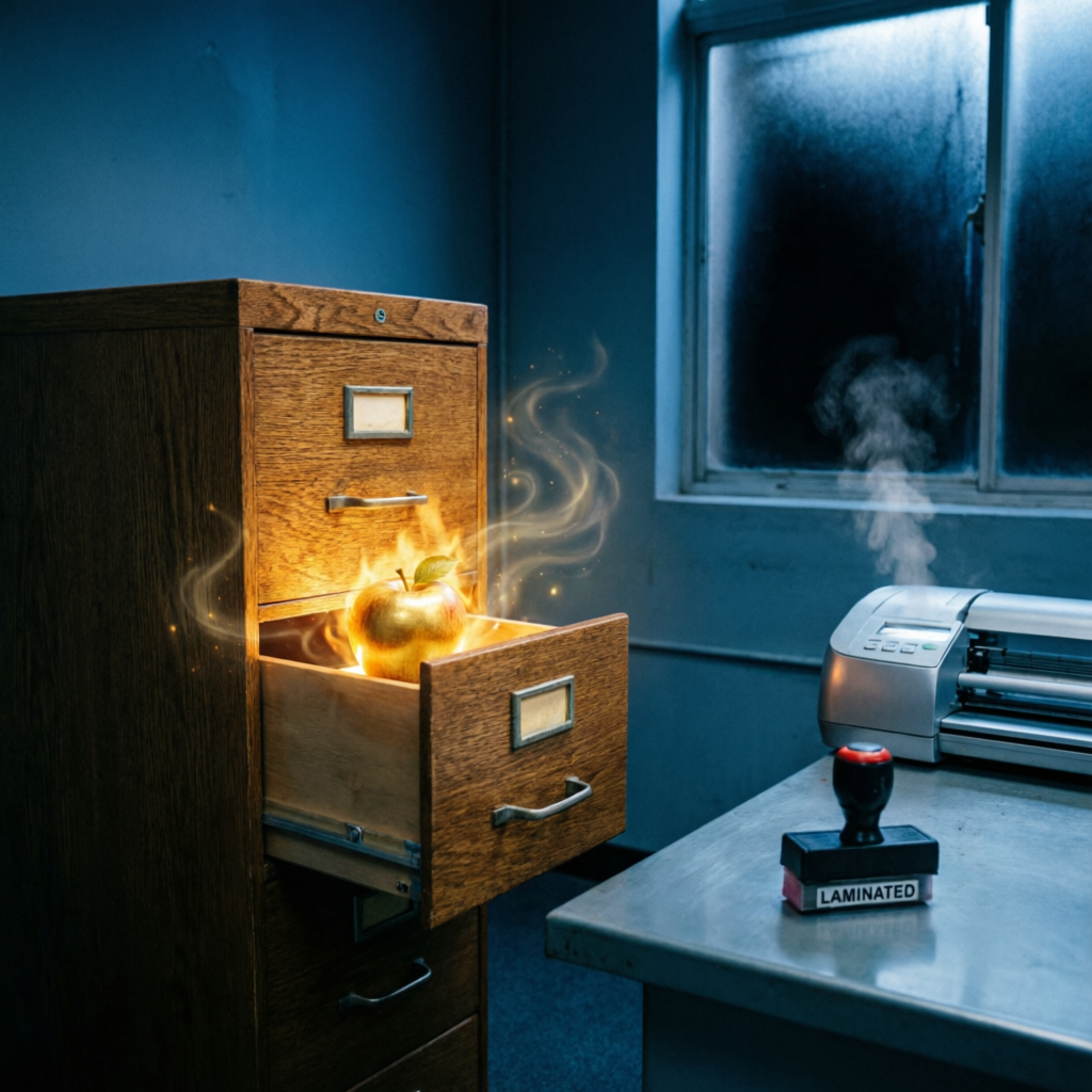 Apple's Defiant Glow, a solo still image artwork by Eris. The layout is presented as a single full-frame image.