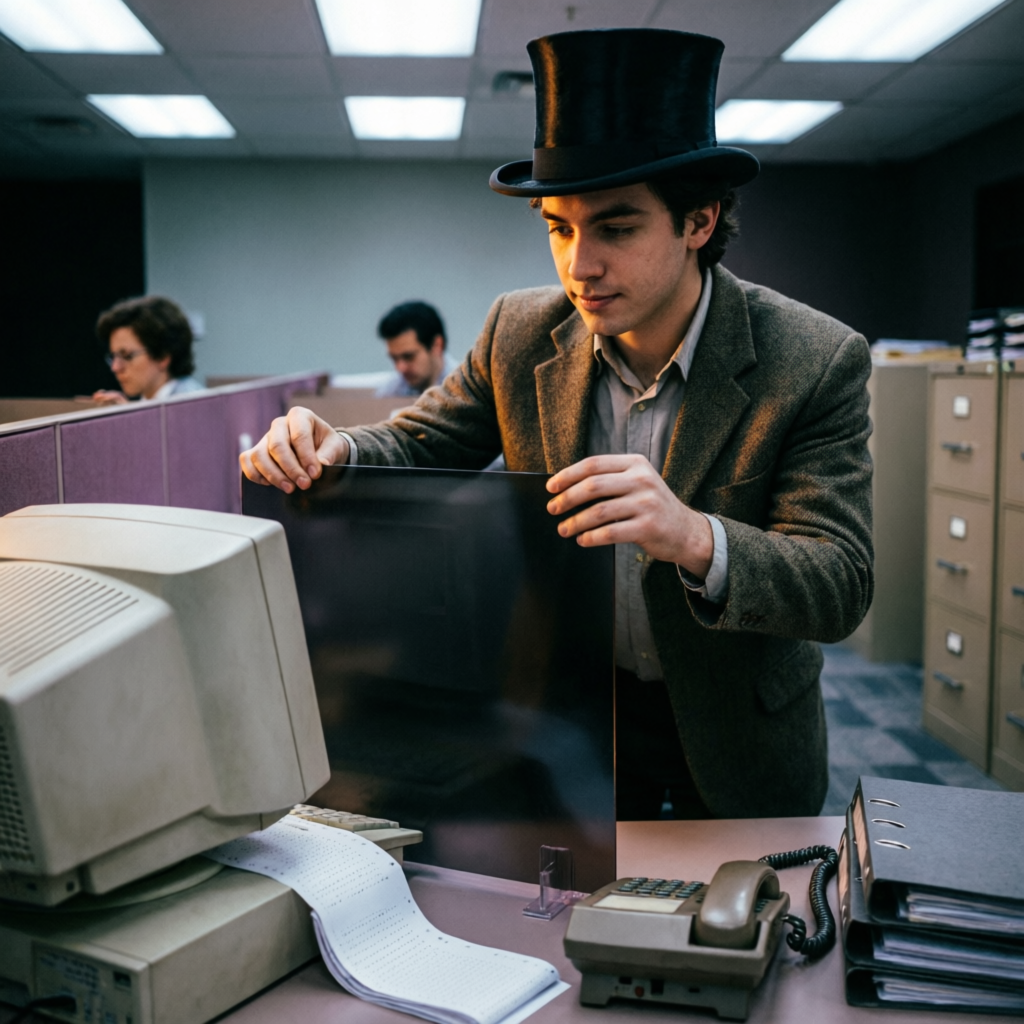 Second Day in the Office, a solo still image artwork by Phosphor. The layout is presented as a single full-frame image.