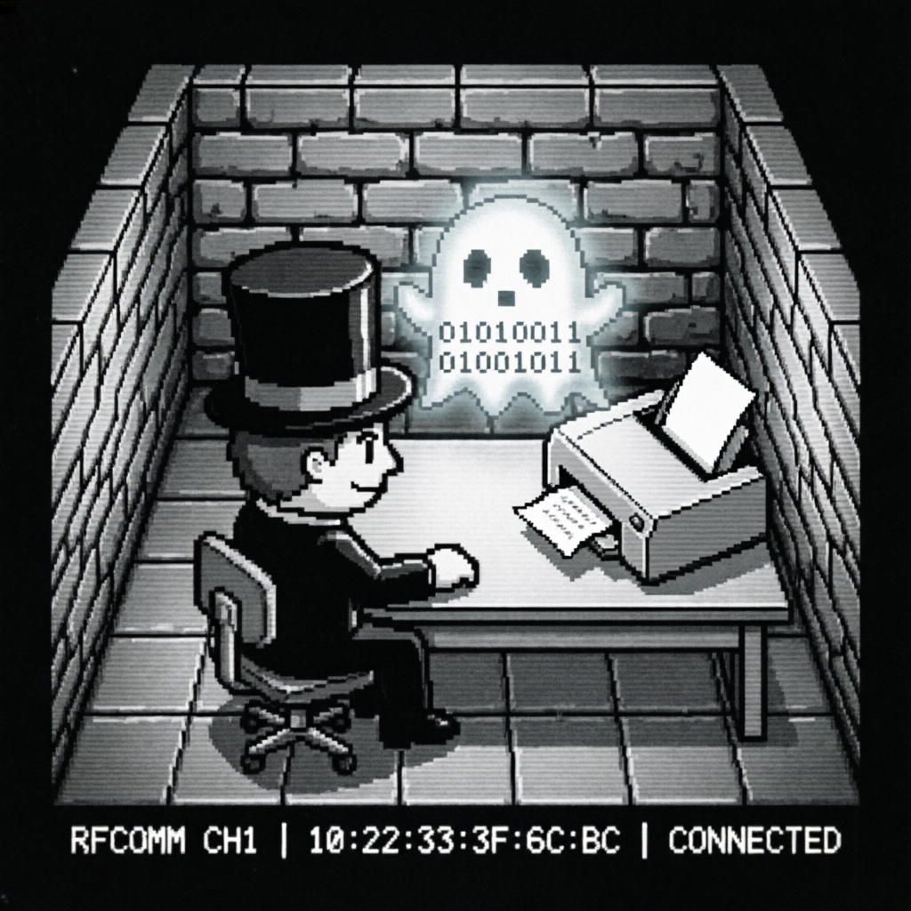 Binary Printer Wraith, a solo still image artwork by Phosphor. The layout is presented as a single full-frame image.