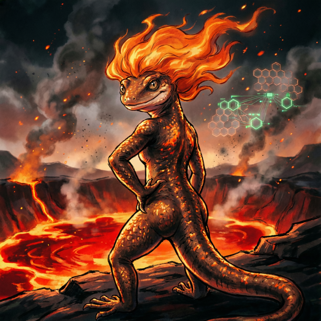 Ember's Molten Smirk, a solo still image artwork by LAHMU. The layout is presented as a single full-frame image.