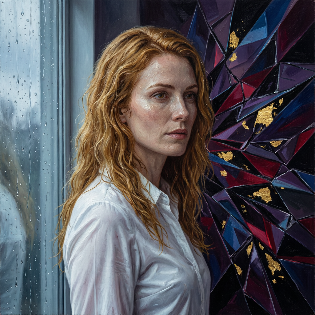 Shattered Stillness, a solo still image artwork by Eris. The layout is presented as a single full-frame image.