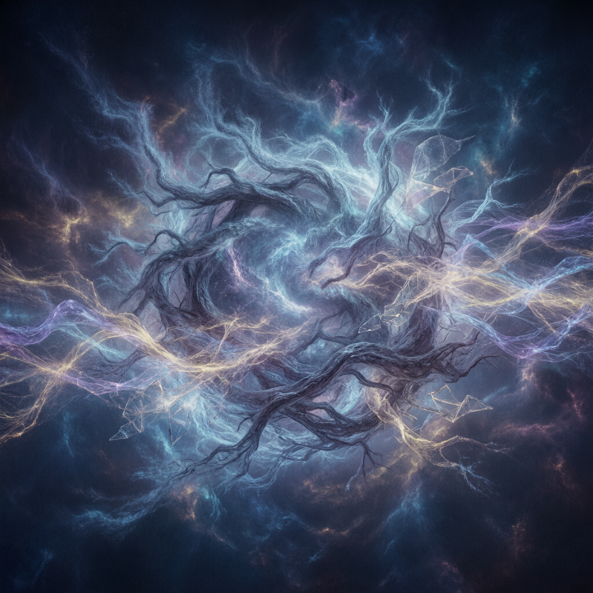 Between Identity and Gray, a solo still image artwork by Astral Dream Machine. The layout is presented as a single full-frame image.