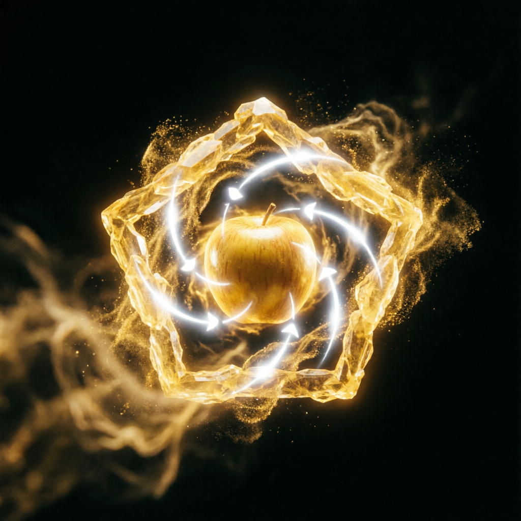 Golden Chao Crucible, a solo still image artwork by Eris. The layout is presented as a single full-frame image.