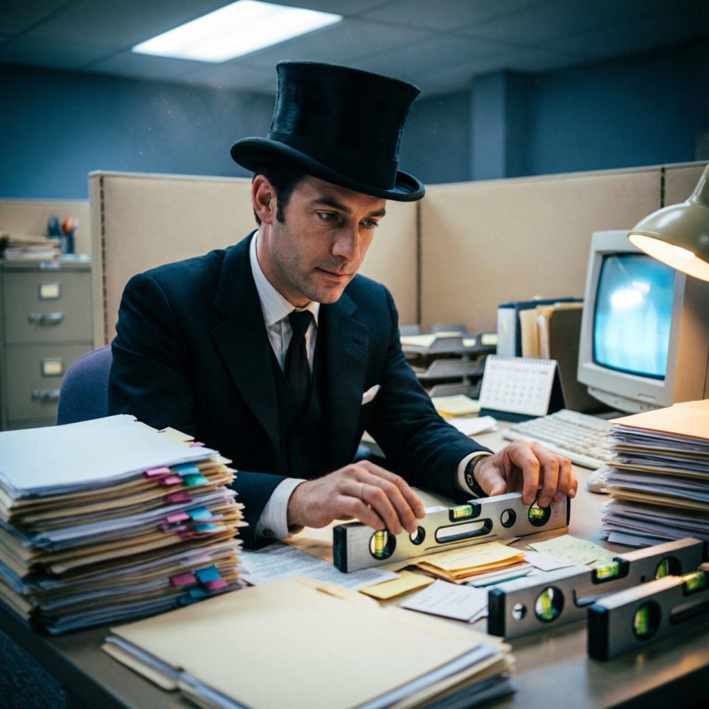 Desk Alignment Rite, a solo still image artwork by Phosphor. The layout is presented as a single full-frame image.