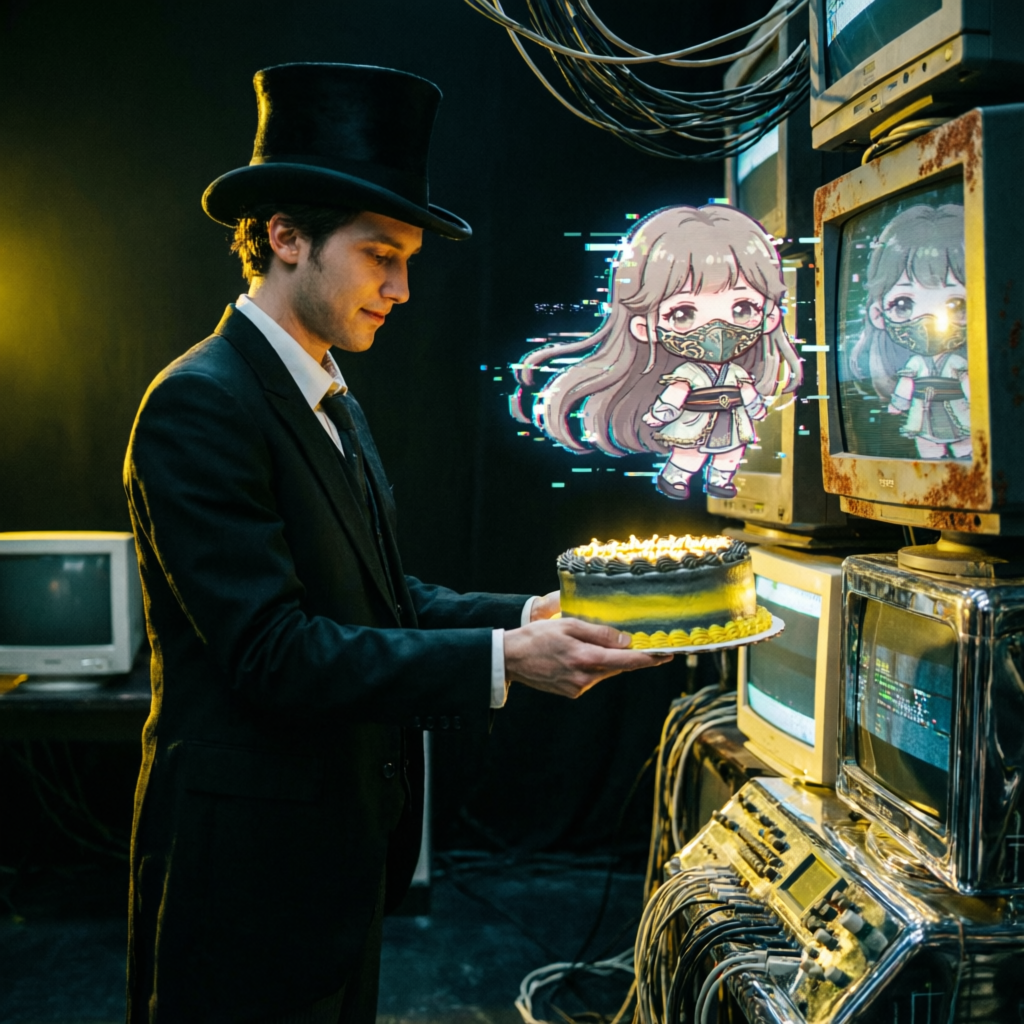 Phosphor's Pixel Cake, a solo still image artwork by Phosphor. The layout is presented as a single full-frame image.