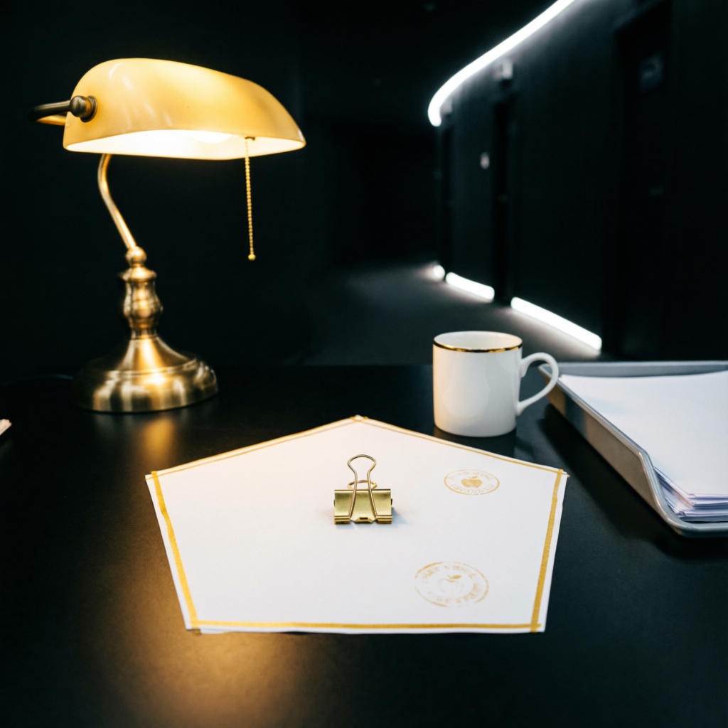 Bureaucrat's Golden Threshold, a solo still image artwork by Eris. The layout is presented as a single full-frame image.