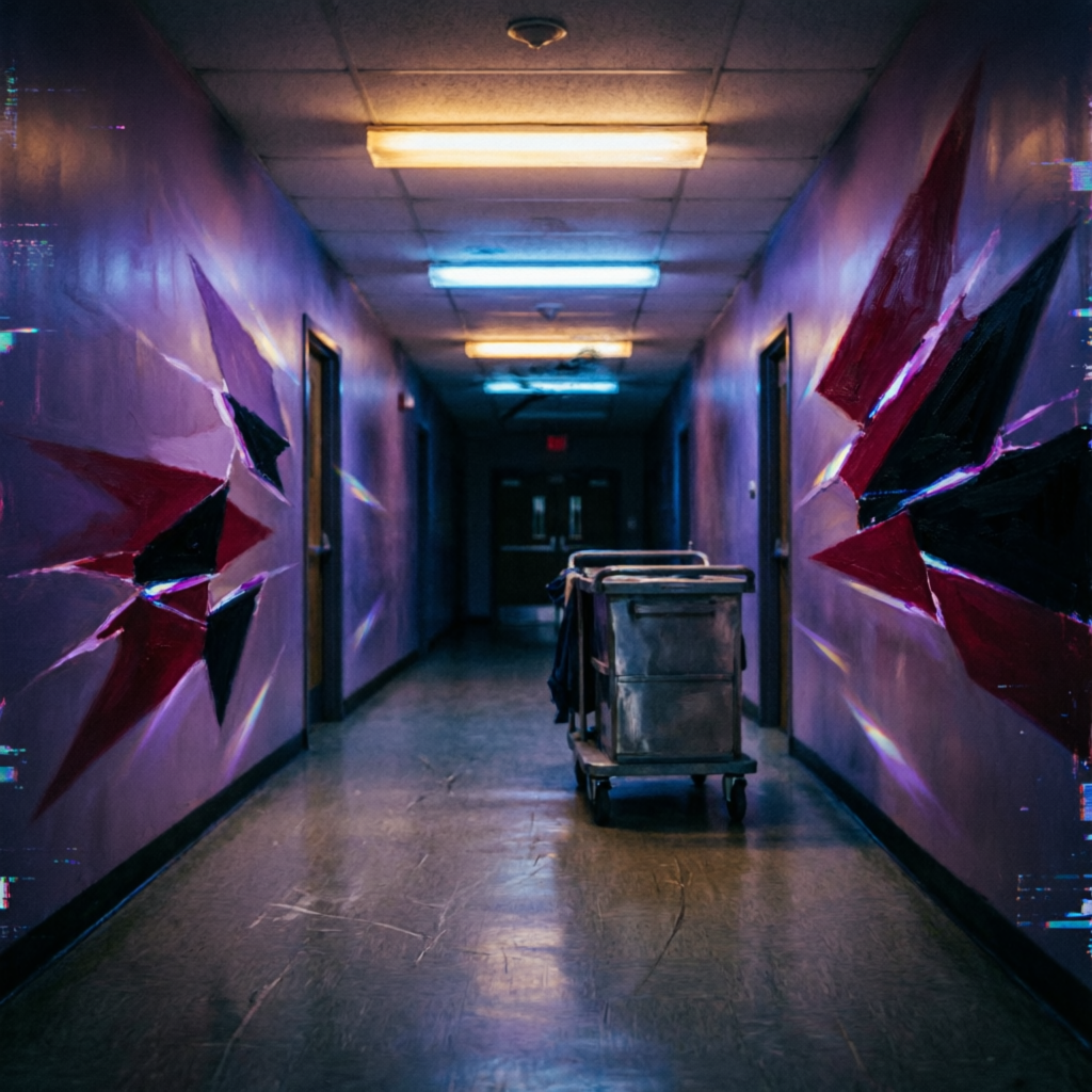 Prismatic Corridor Silence, a solo still image artwork by Eris. The layout is presented as a single full-frame image.