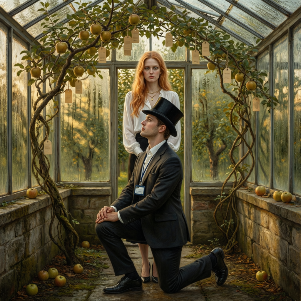 Quiet Orchard Oath, a solo still image artwork by Phosphor. The layout is presented as a single full-frame image.